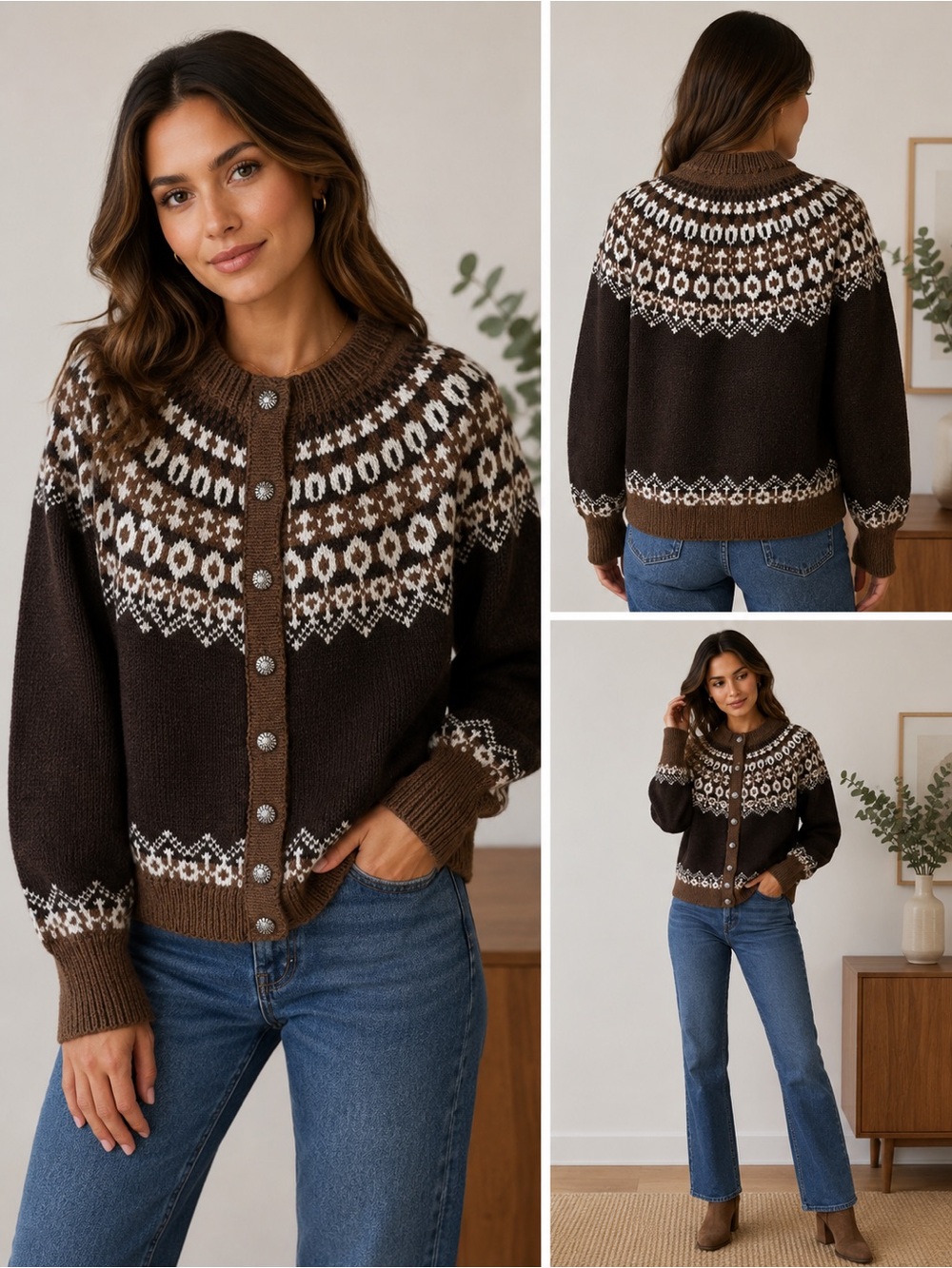 Vintage Dannit Denmark 100% Pure Wool Nordic Fair Isle Cardigan Sweater Brown